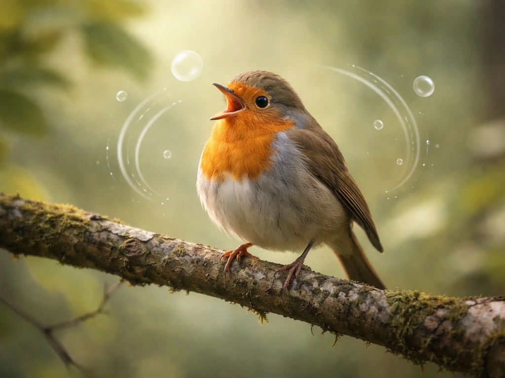 Small forest bird perched on a branch with subtle bubble-like sound cues suggesting a laugh-like call.