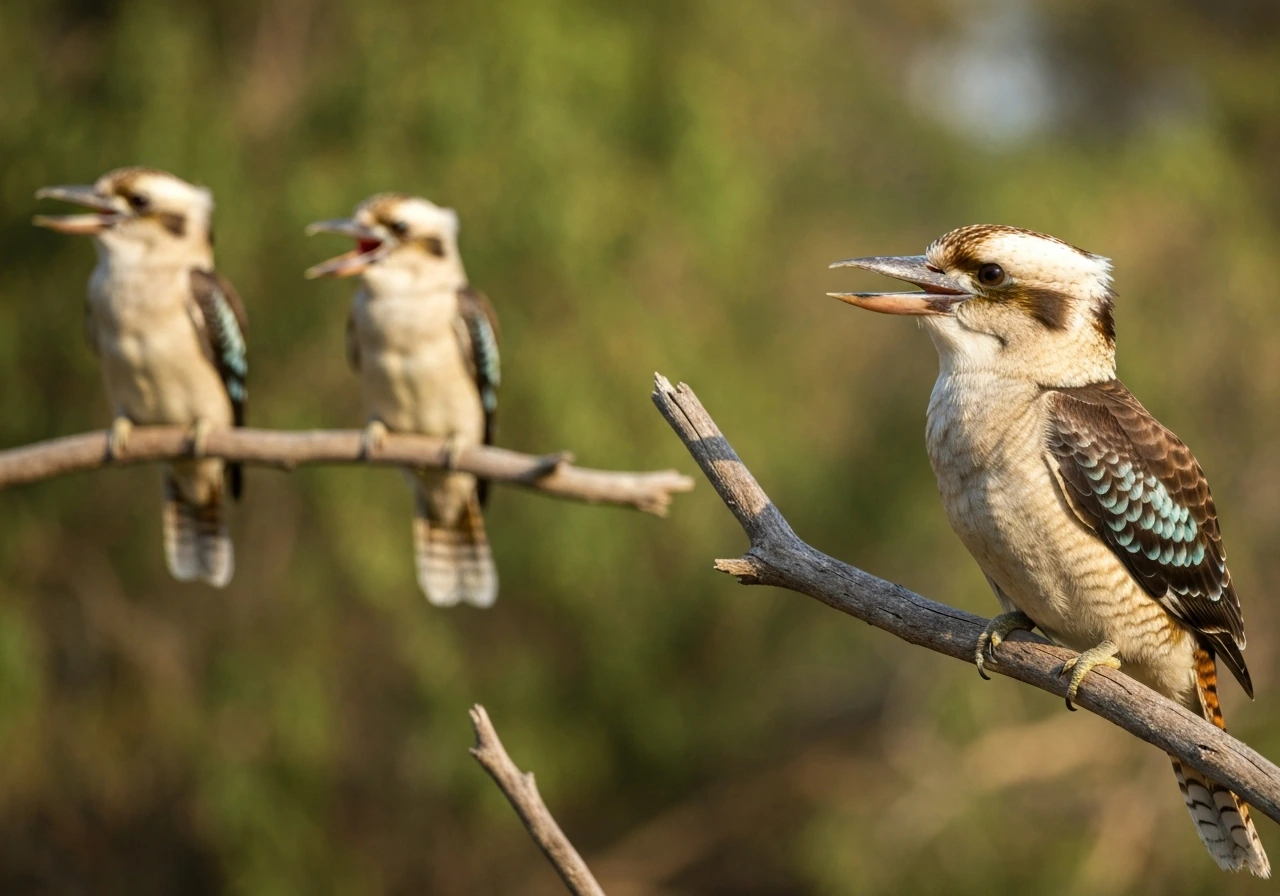 Laughing kookaburra perched in sunlight, with nearby birds suggesting different laugh-like calls