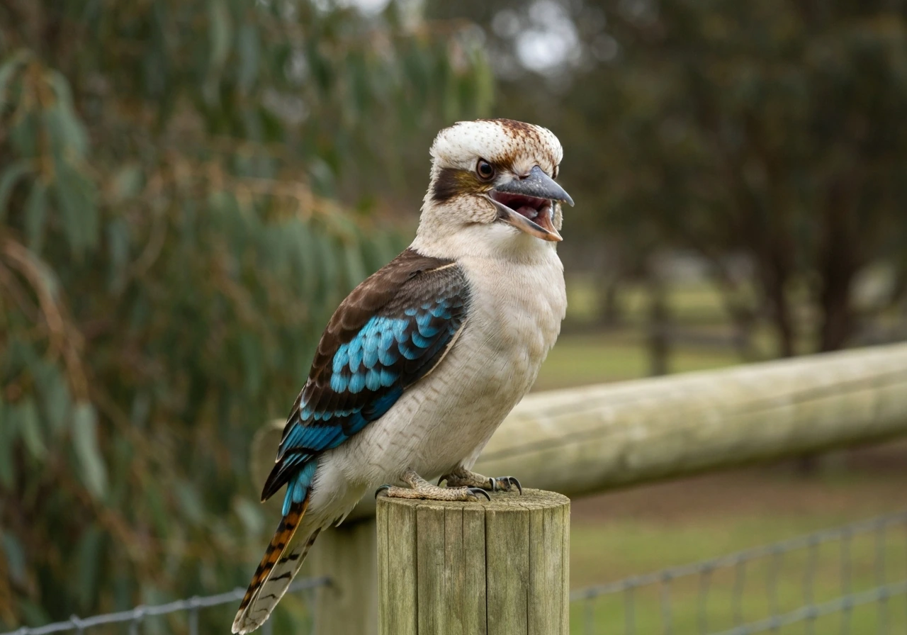 Laughing kookaburra perched on a wooden fence post outdoors with soft bush greenery behind