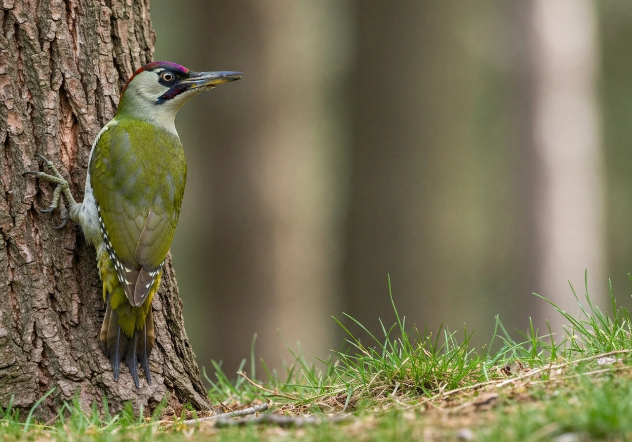 Close-up of a green woodpecker perched on a tree trunk with its beak visible.