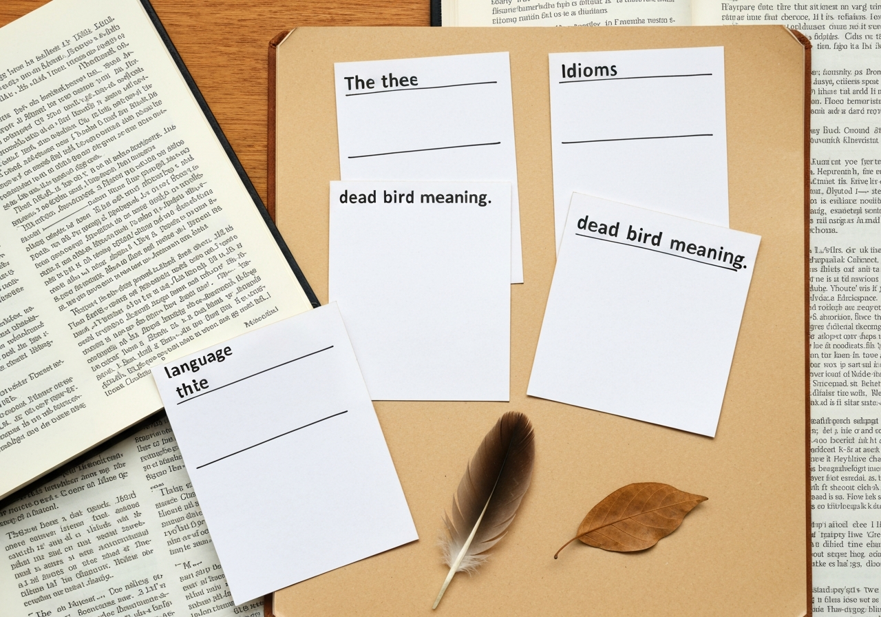 Feather and language-study props illustrating dead-bird idioms and meaning in speech