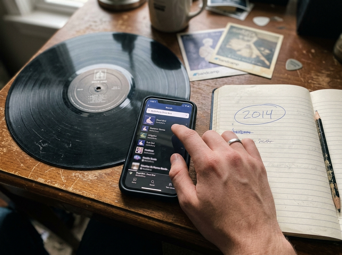 Phone and notebook showing verification of “McCafferty Dead Bird” track and 2014 date