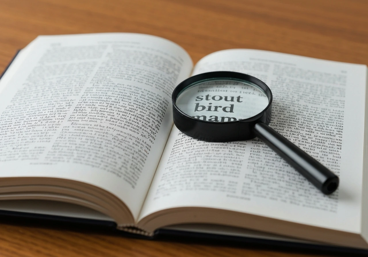 Magnifying glass over an open dictionary page highlighting the words “stout” and “bird.”