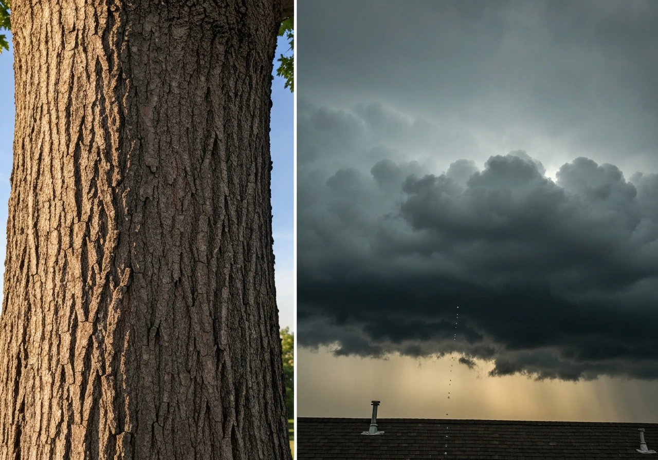 Split image: thick tree trunk for physical “stout,” stormy clouds for figurative “stout.”