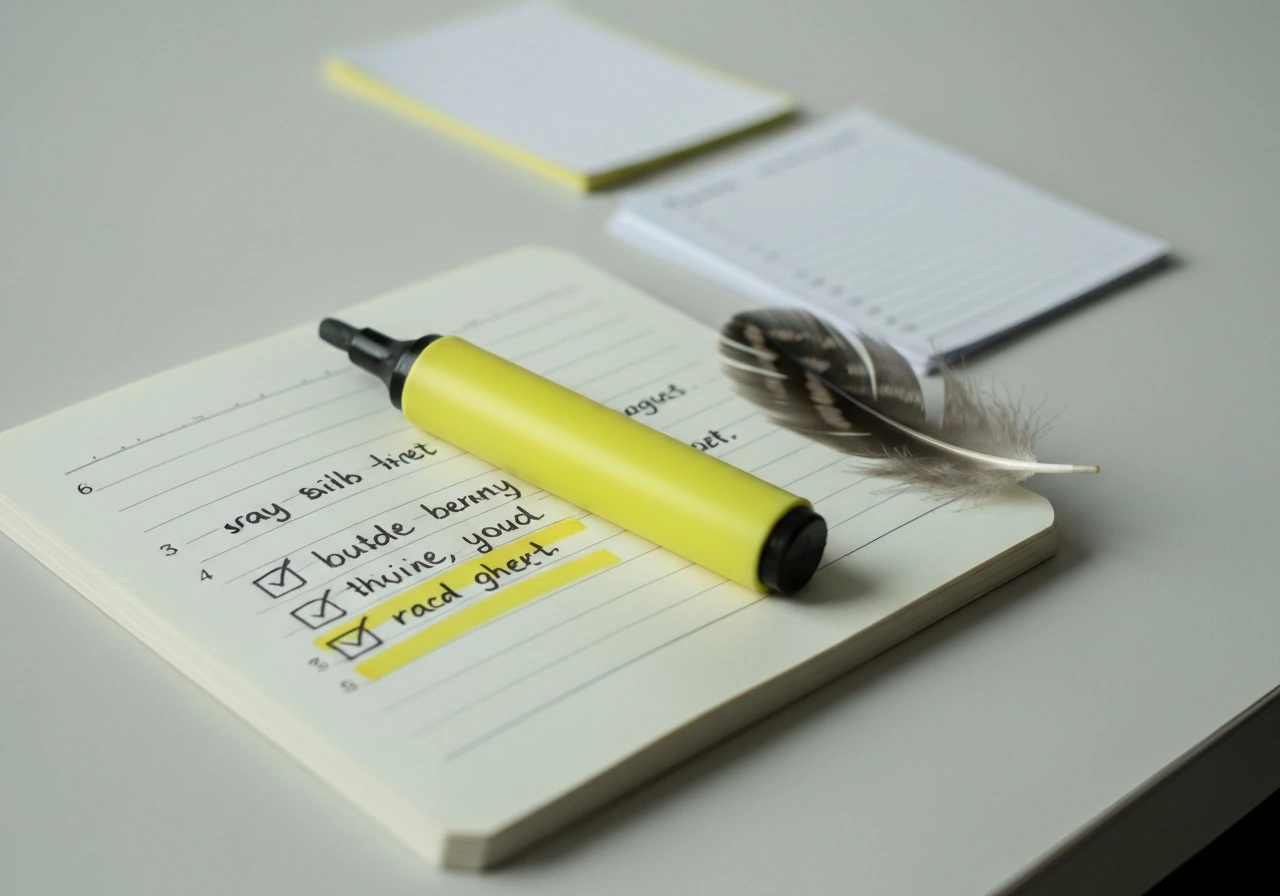 Close-up of a notebook with a highlighter, comparing words and a small feather on a desk