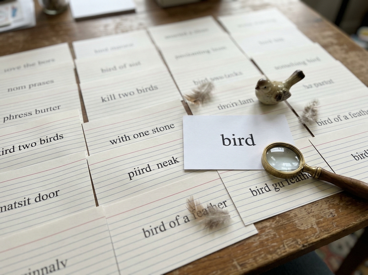 Assorted bird idioms written on cards showing confusion with “doing bird”