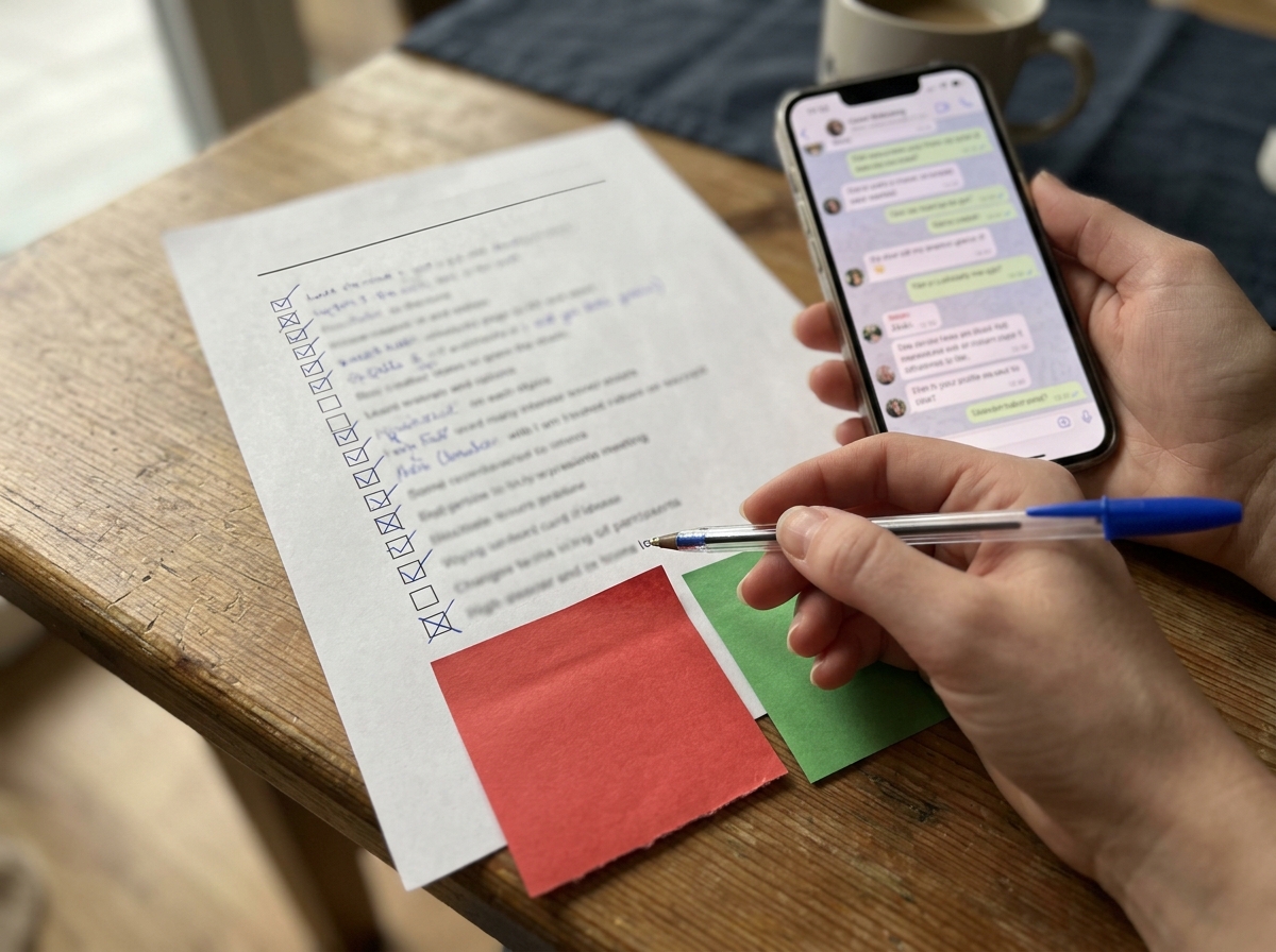 Conversation-deciding checklist on paper beside phone for next response