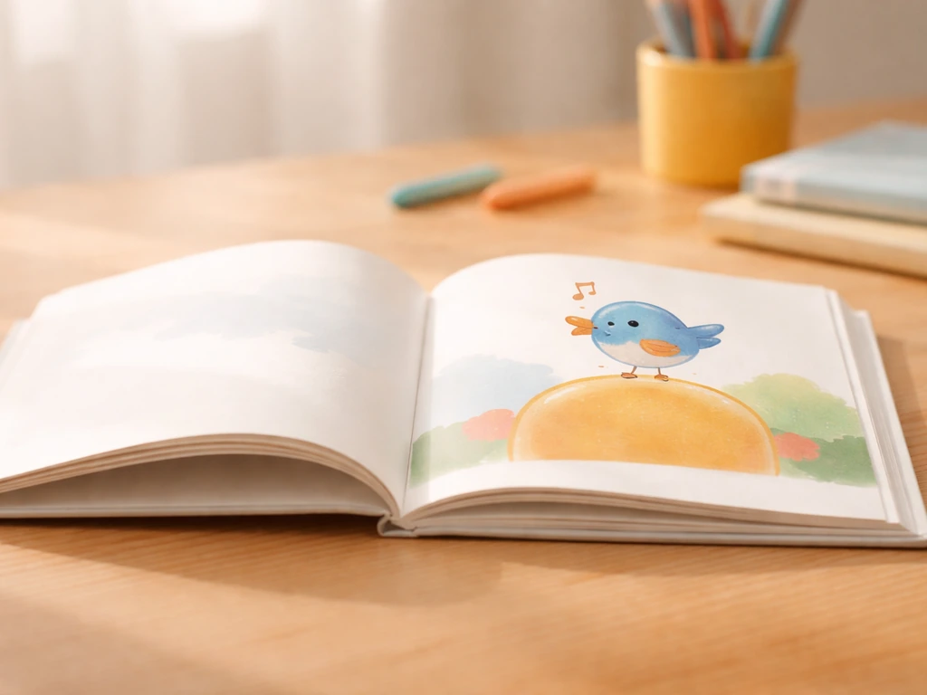 Open children’s book on a wooden table with a small cartoon bird perched atop an abstract fuzzy shape.