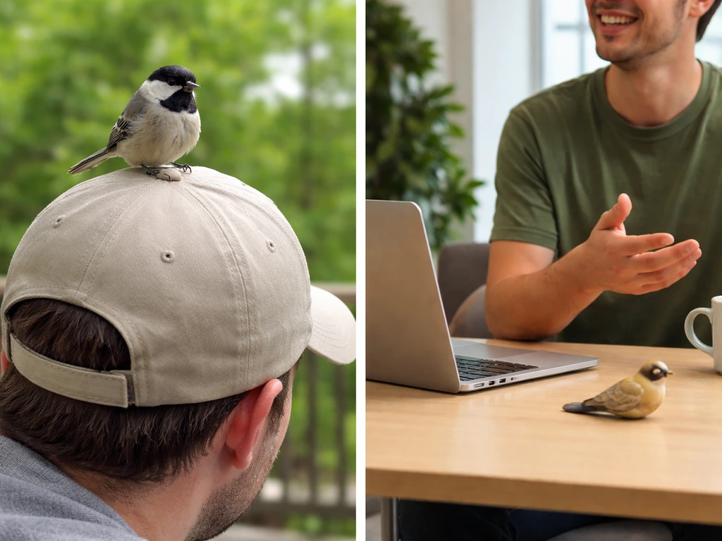 Two-panel photo: bird perched on a hat (literal) and a desk scene showing a playful figurative use.