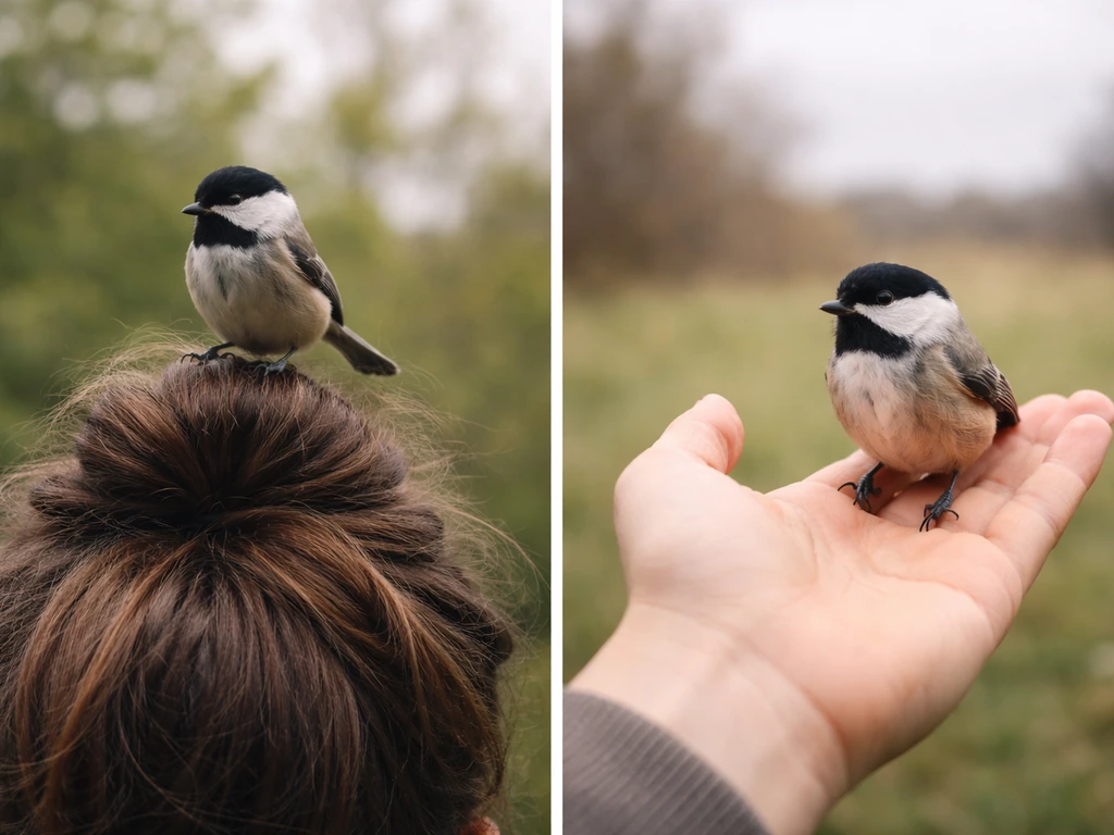 Split scene: a bird perched on a head versus a bird held in a hand in natural light.