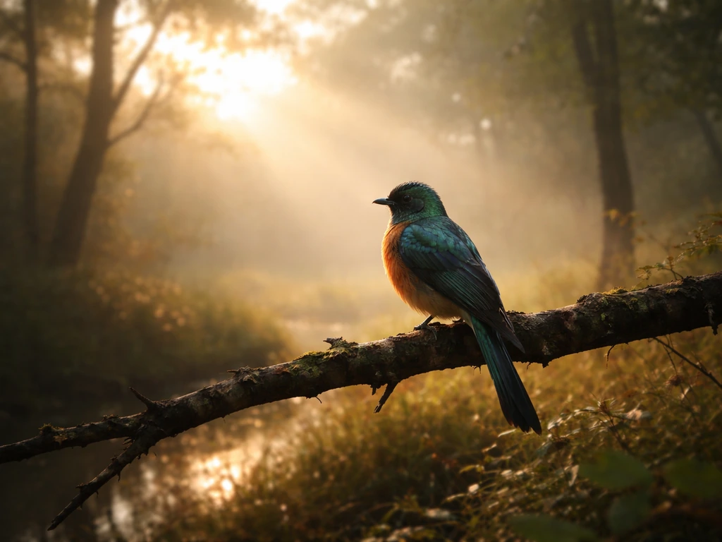 A single rare bird perched on a branch in a misty forest clearing at dawn, softly lit by sunrise.