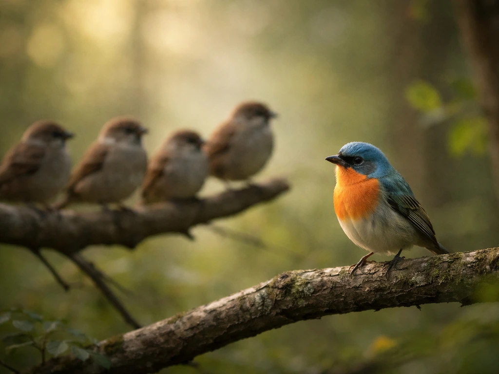 A colorful rare-looking bird perched apart from ordinary sparrows, showing rarity versus commonness.