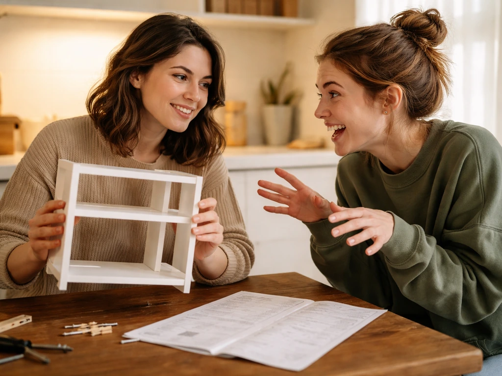 Friends at a kitchen table playfully teasing as one assembles a small kit carefully.