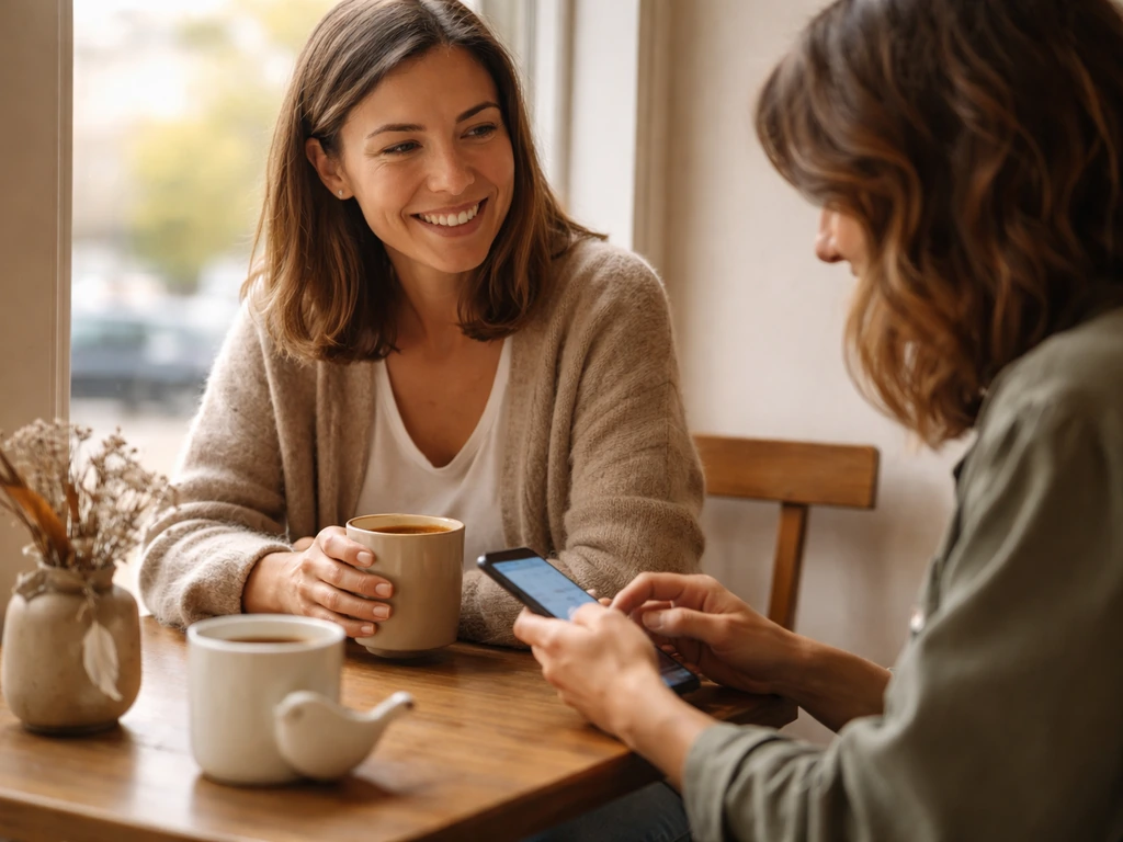 Two people smiling at a café table as one replies on a phone; a small bird-themed item decorates the scene.