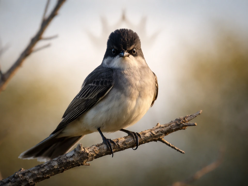 Fierce kingbird perched on a twig in morning light, crown-like shadow suggesting “kingpin” power.
