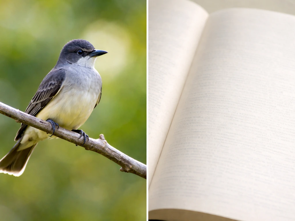 Kingbird perched on a branch beside a plain out-of-focus book page to contrast “kingbird” vs “kingpin”.