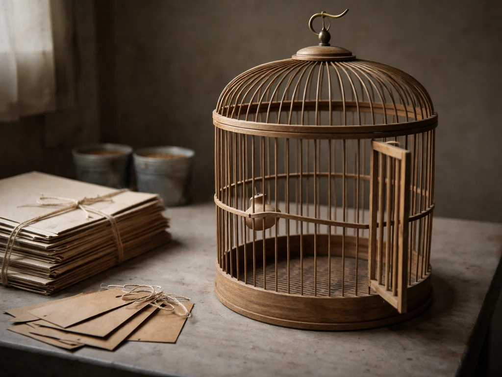 Empty birdcage beside manila folders and paper tags, symbolizing illicit bird trafficking and containment.