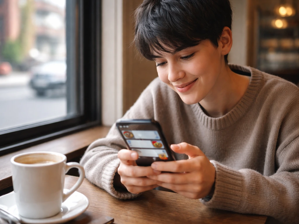 Two friends at a cafe table with a phone showing playful teasing chat featuring the nickname “bird”