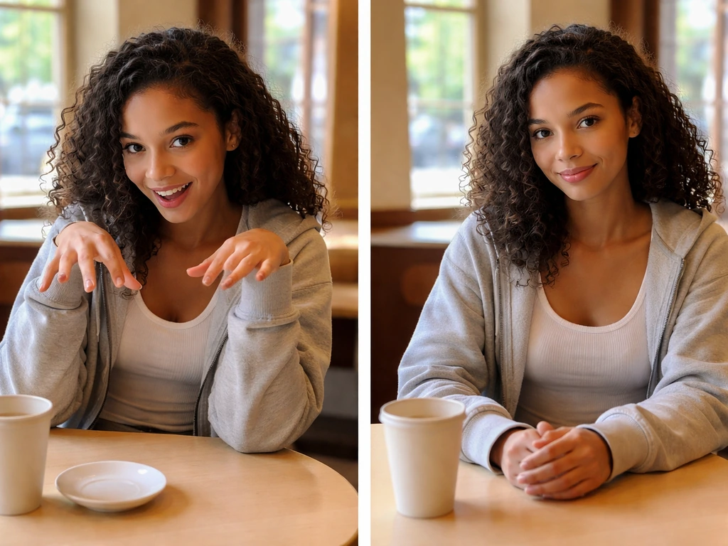Two-photo style split scene showing a flirtatious, dramatic moment versus calm, respectful behavior