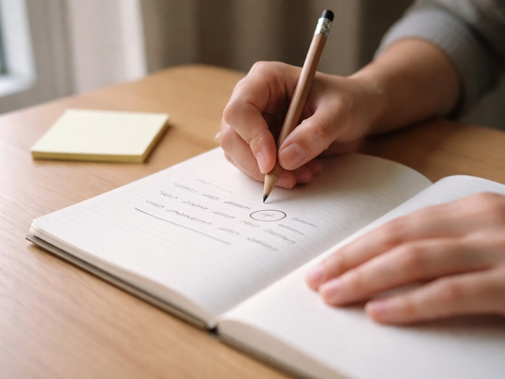 Hands writing and underlining an illegible English sentence in a notebook near a window.