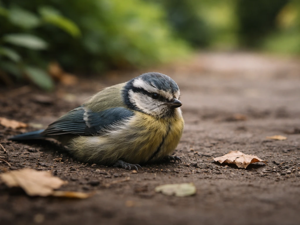 A distressed small bird lying on the ground near a garden path, natural light, minimal scene.