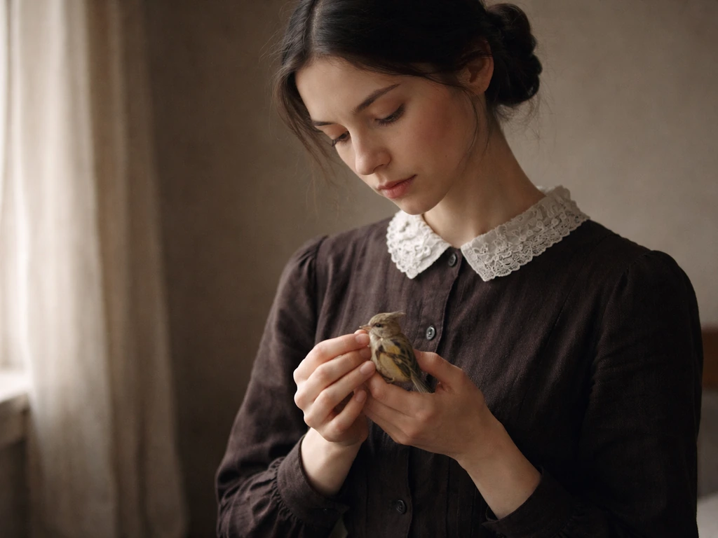 Period-inspired poet gently holding a small bird, softly lit in a minimal room.