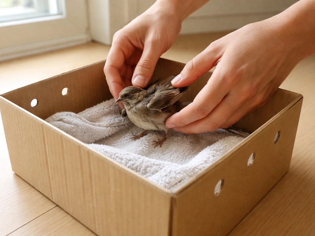 Hands place an injured bird into a lined ventilated cardboard box with a towel nearby.