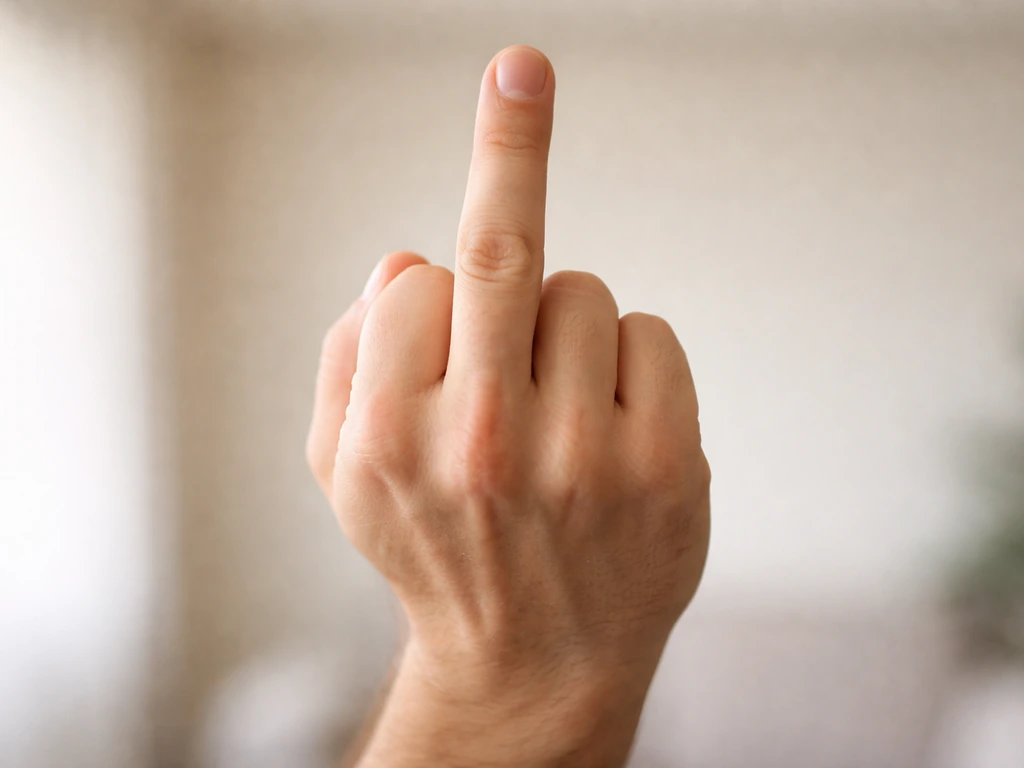 Close-up of a hand making the middle-finger gesture against a neutral blurred background