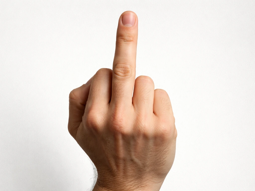 Close-up of a hand making the middle-finger gesture against a plain background.