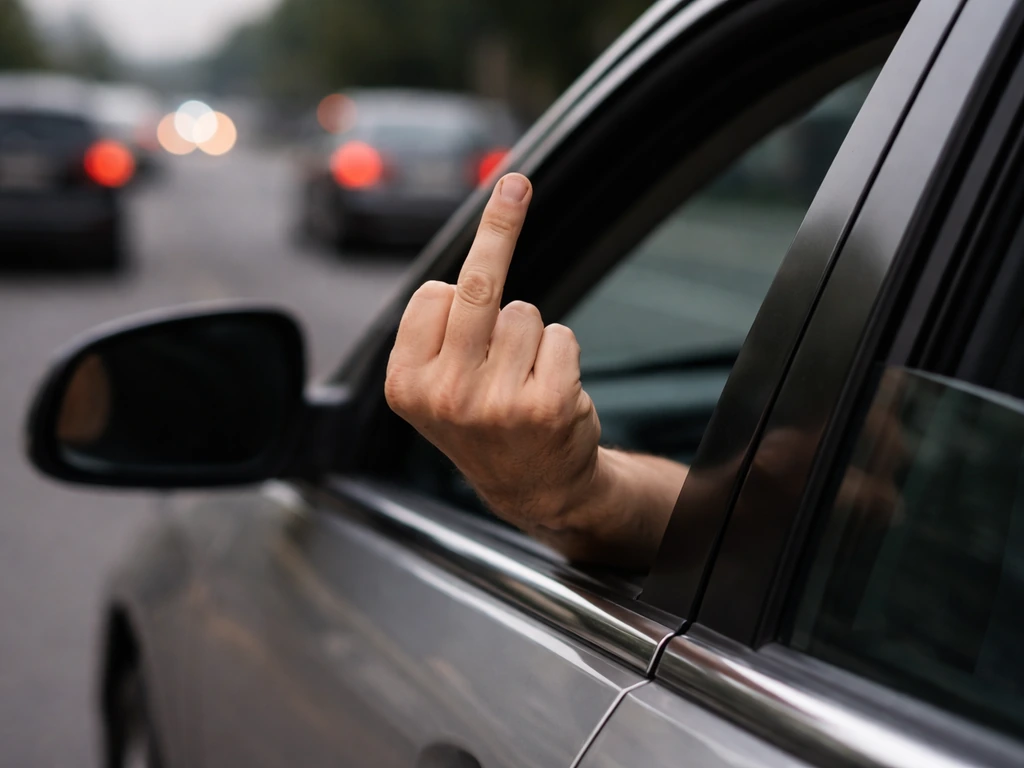 Close-up of a driver’s outstretched hand making a middle-finger gesture from a car window.
