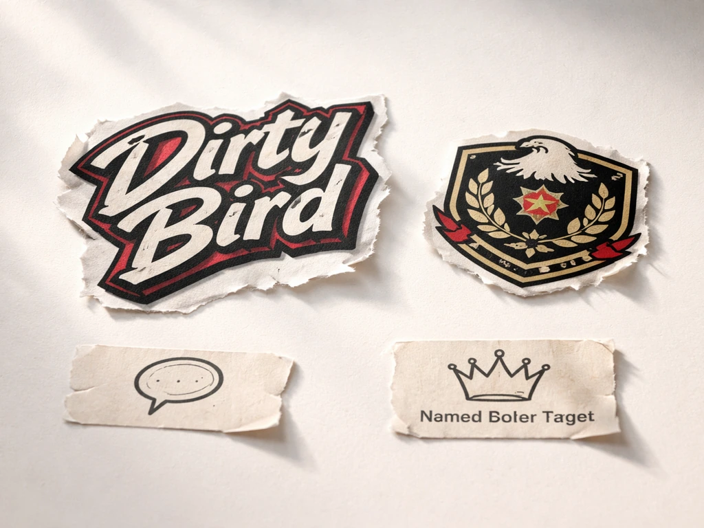 Minimal collage of a dirty bird wordmark and a society badge emblem, evoking slang and branded culture.