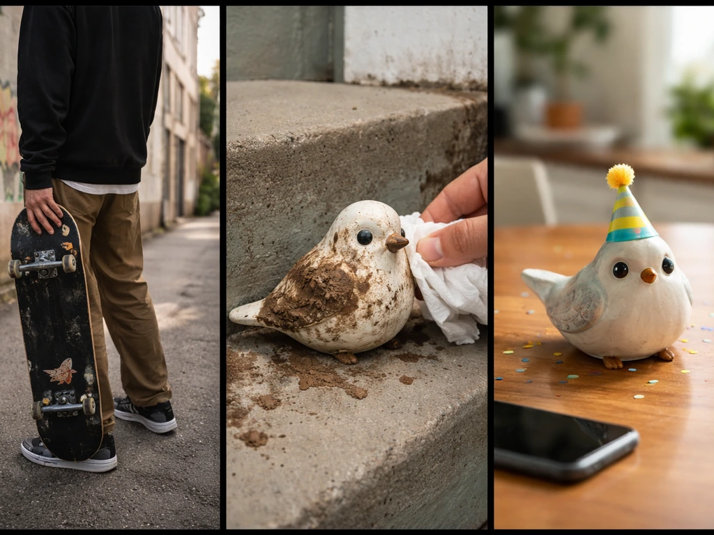 Three simple photo panels symbolizing lifestyle branding, a messy insult, and a playful joke with bird motifs.