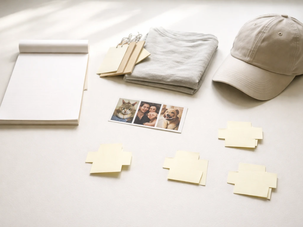 Minimal checklist scene with small icon-like items representing clothing, fans, jokes, and community context.