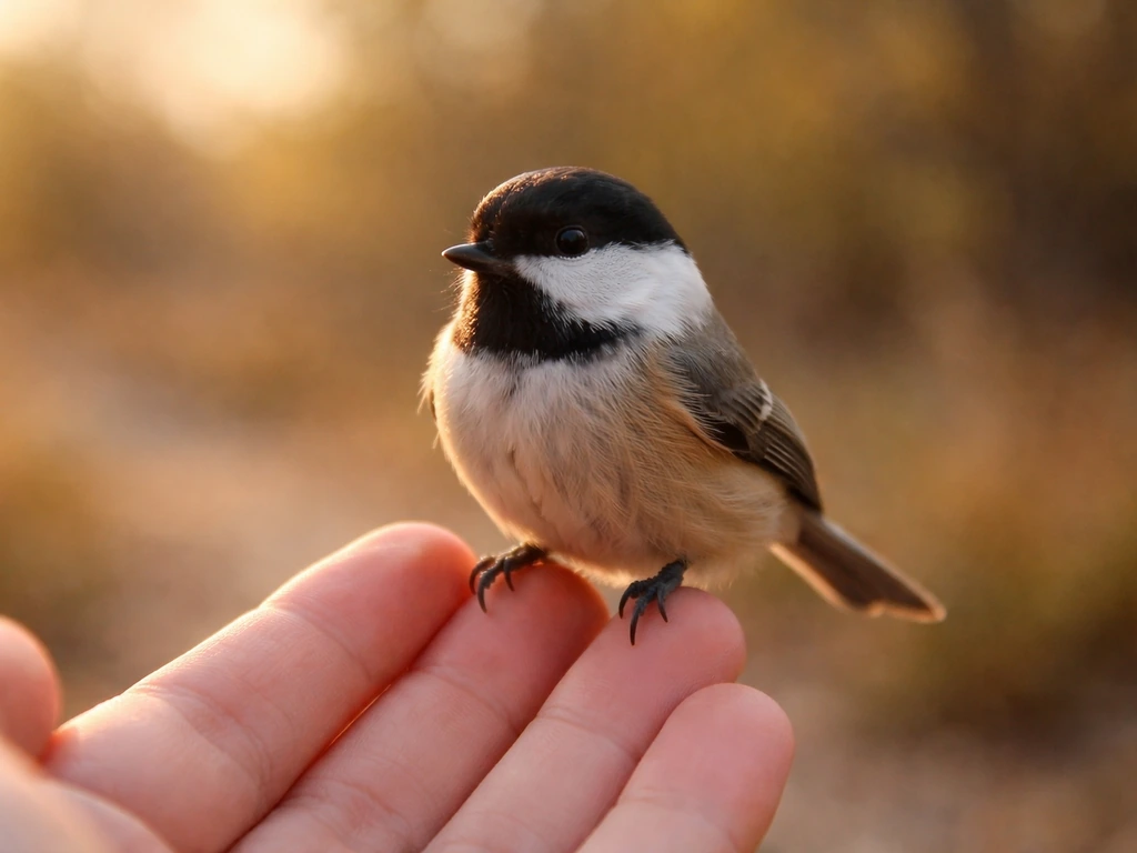 Small bird perched on a human hand in warm light, symbolizing affectionate “little bird” slang.