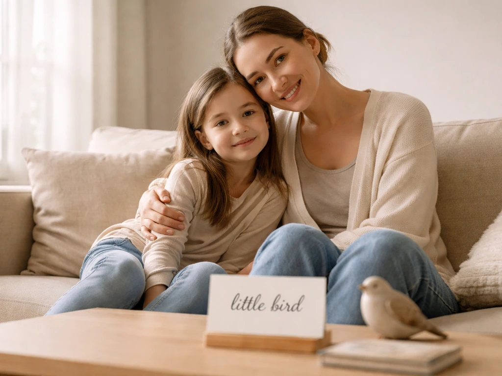 Parent and child cuddling on a sofa with a small bird-themed note card on a coffee table.
