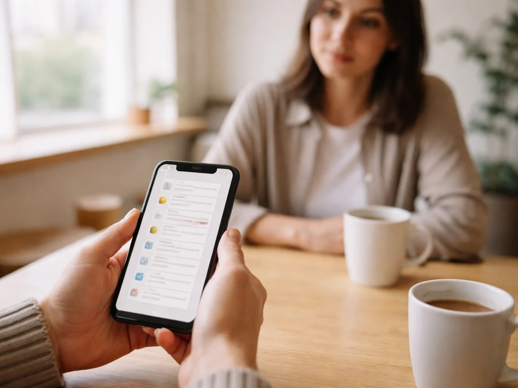 Two people in a quiet cafe with one checking a phone privately, suggesting careful, respectful communication.