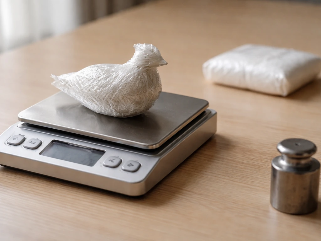 Minimal scene showing a small set of scales with a single bird-shaped weight symbol suggesting a kilogram