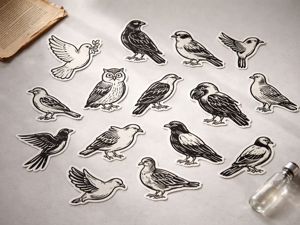 Minimal bird-symbol collage with separate illustrated bird species, each outlined simply on a neutral background.