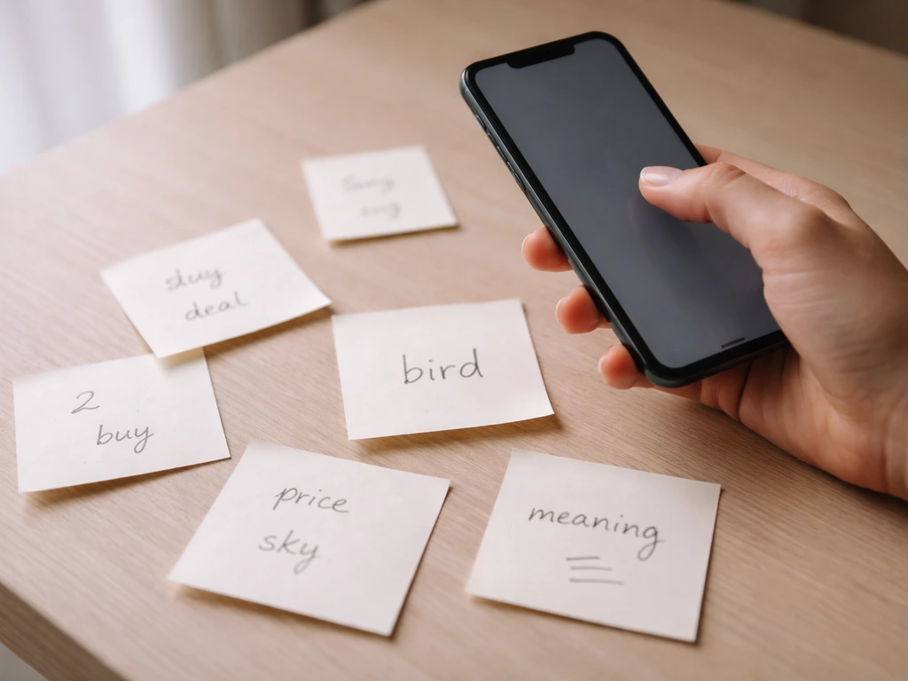 Close photo of a hand comparing “bird” wording on notes and a phone to surrounding quantity vs poetic context.