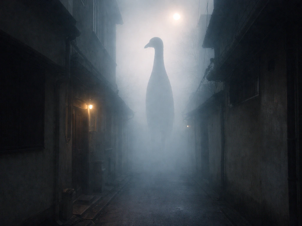 Impossibly tall white bird-like silhouette looming over a misty dream alley, eerie and symbolic mood.