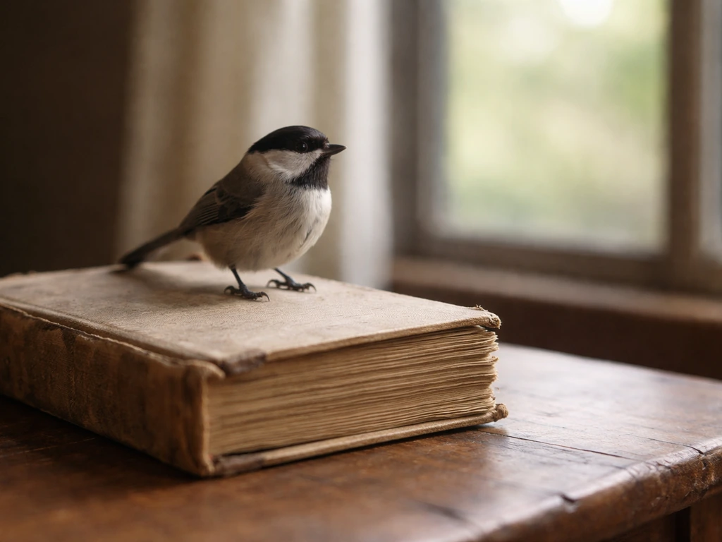 A watchful bird perched on an old notebook on a wooden table by a window.