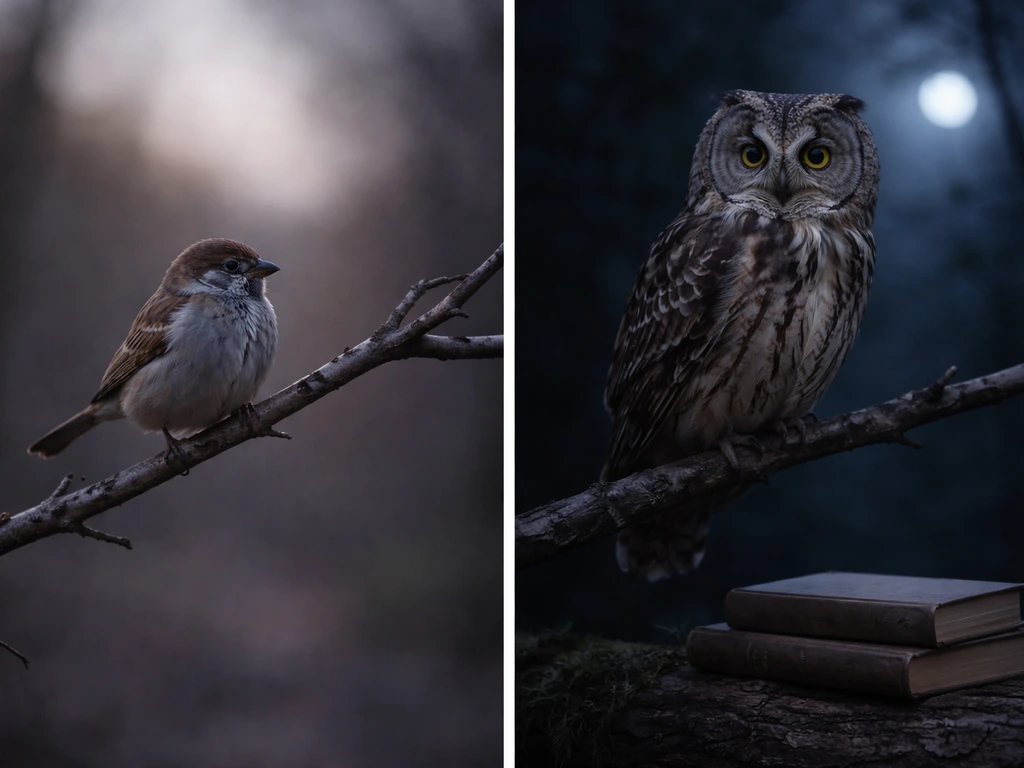 Split scene showing a small bird and an owl, with books and moonlight cues for the owl’s wisdom