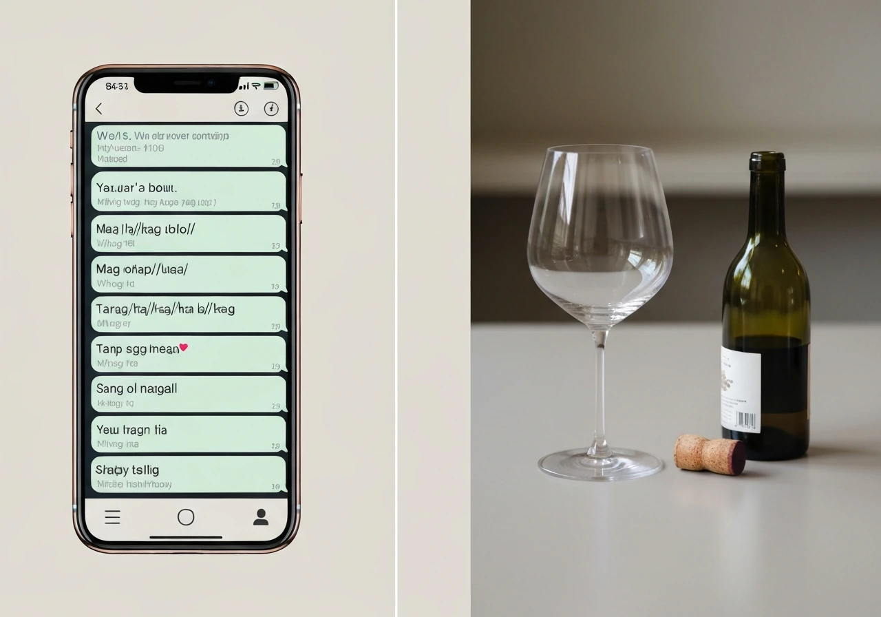 Phone group-chat bubbles beside a wine setup, showing two different contexts for “T-bird” use.