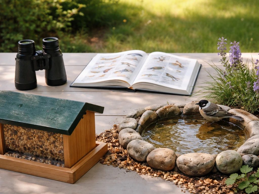 Binoculars, field guide, bird feeder, and a small bird bath in a simple garden setup.