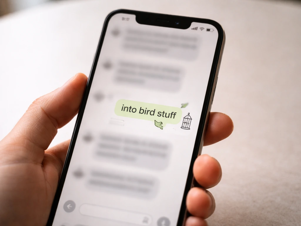 Close-up of a phone showing a casual chat with “into bird stuff” highlighted beside simple bird icons.