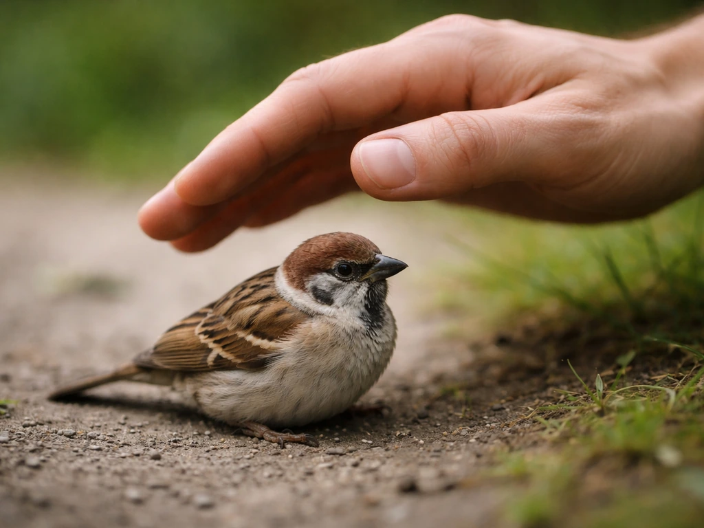Close-up of a careful hand hovering near a small bird, safe humane rescue-like context.