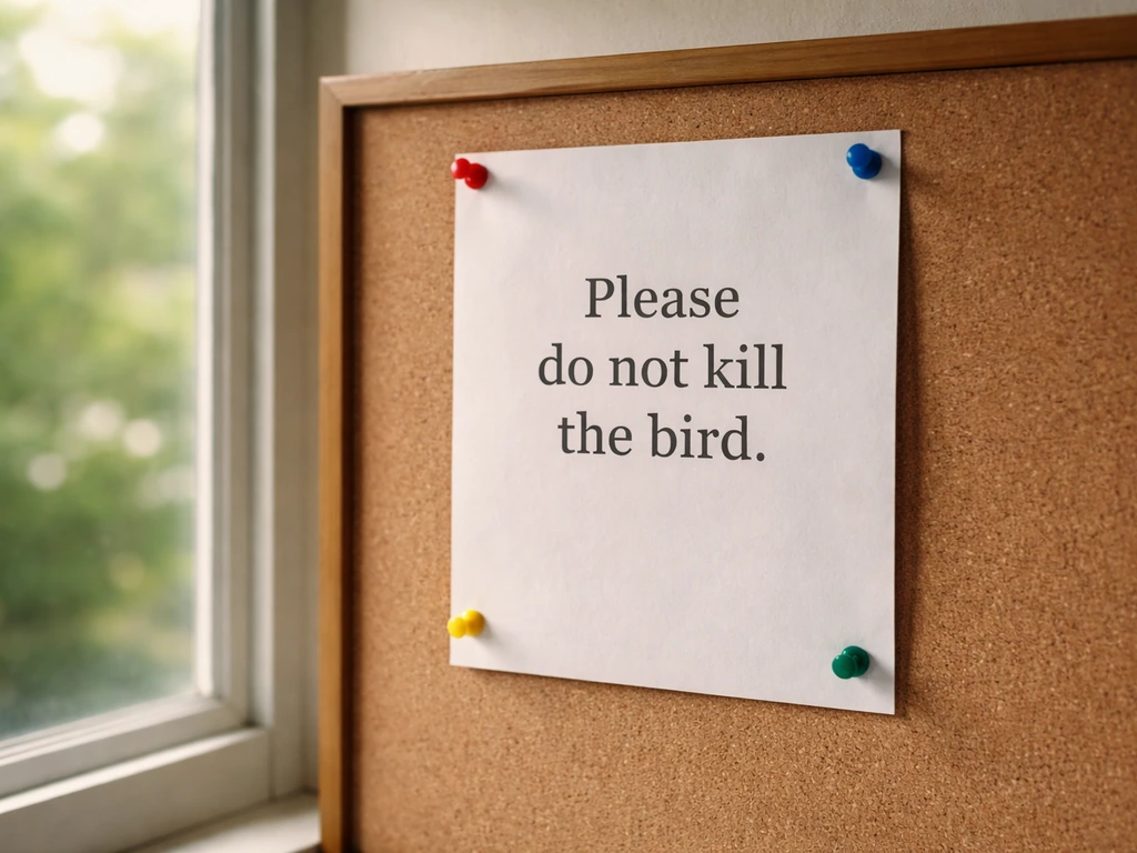 A quiet notice board with a clear sign reading “Please do not kill the bird.”