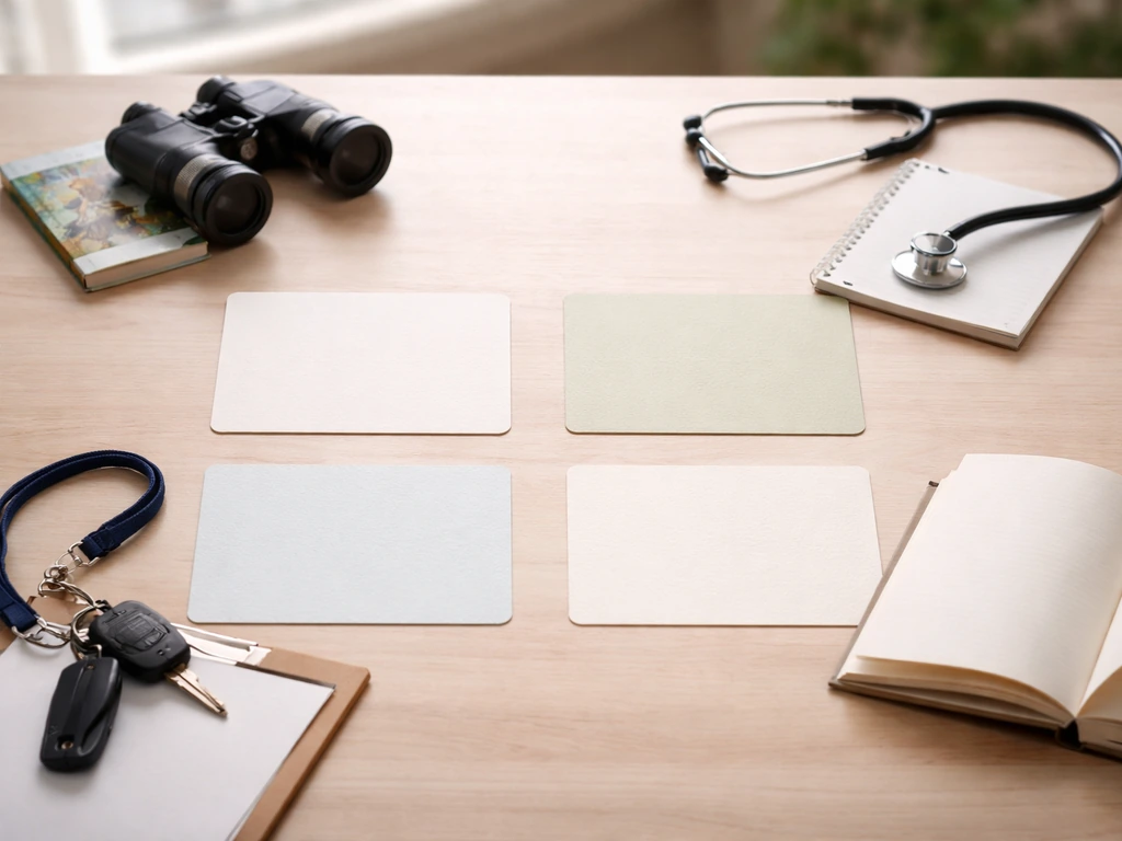 Minimal desk scene with four blank note cards and related objects suggesting context clues.