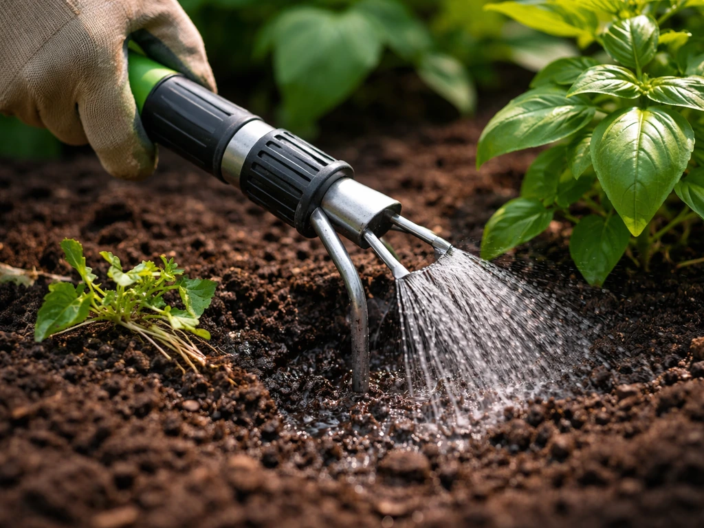 Hands use one gardening tool that loosens soil and sprays water in a small garden bed.