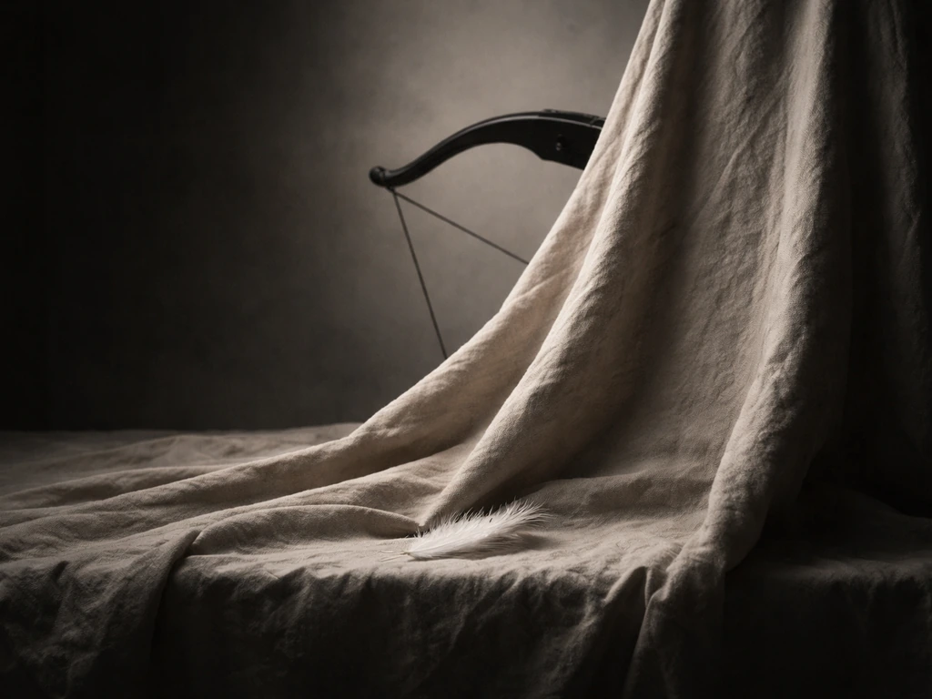 Bow silhouette partly hidden under cloth, with a single feather resting in the foreground.